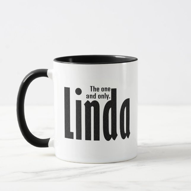 Elegant, Minimalist Customized "Linda" Name, Black Mug (Left)