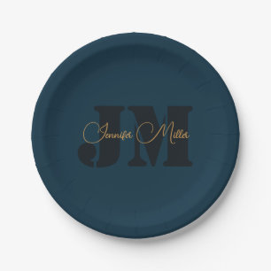Elegant minimalist dark denim blue monogram design paper plate