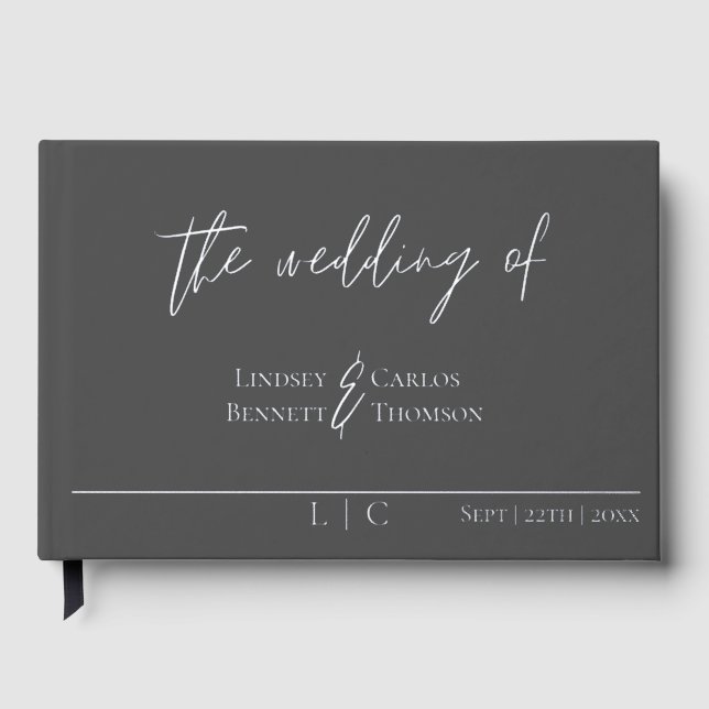 Elegant minimalist dark grey calligraphy foil guest book (Front)