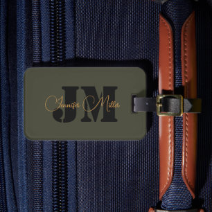 Elegant minimalist dark olive monogram design luggage tag