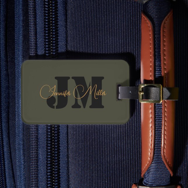Elegant minimalist dark olive monogram design luggage tag (Front Insitu 4)