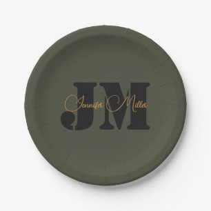 Elegant minimalist dark olive monogram design paper plate
