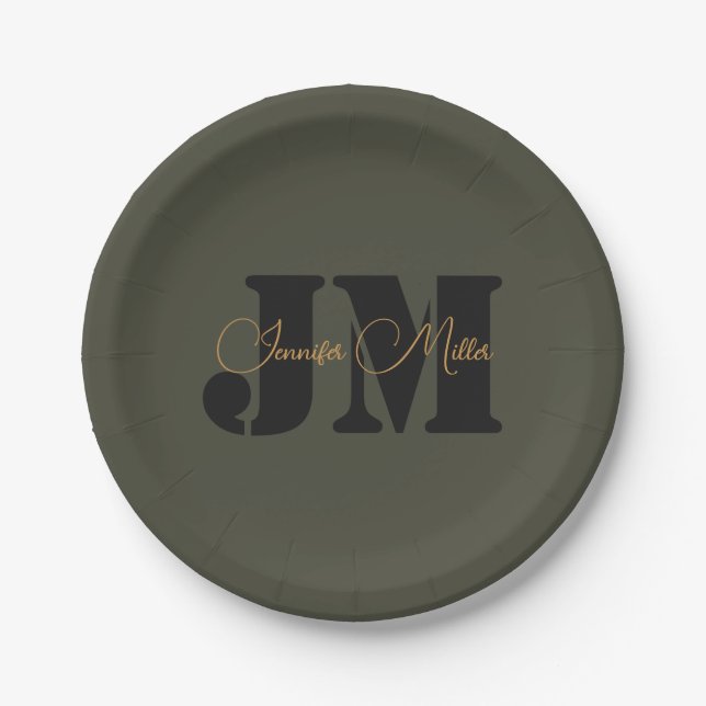 Elegant minimalist dark olive monogram design paper plate (Front)