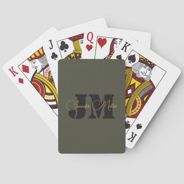 Elegant minimalist dark olive monogram design playing cards (Back)