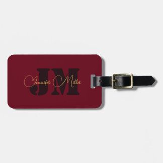 Elegant minimalist deep burgundy monogram design luggage tag