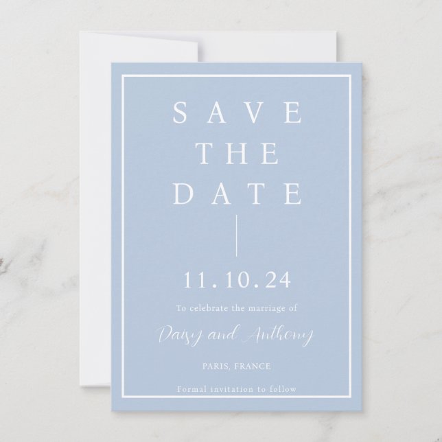 Elegant Minimalist Dusty Blue Save The Date Card (Front)