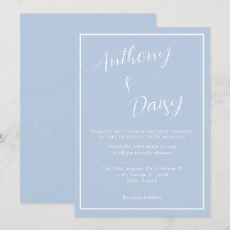 Elegant Minimalist Dusty Blue White Border Wedding Invitation