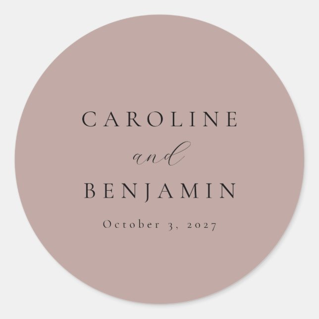 Elegant Minimalist Dusty Mauve Calligraphy Wedding Classic Round Sticker (Front)