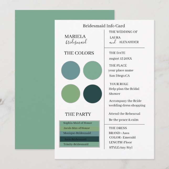Elegant Minimalist Emerald Bridesmaid Invitation (Front/Back)