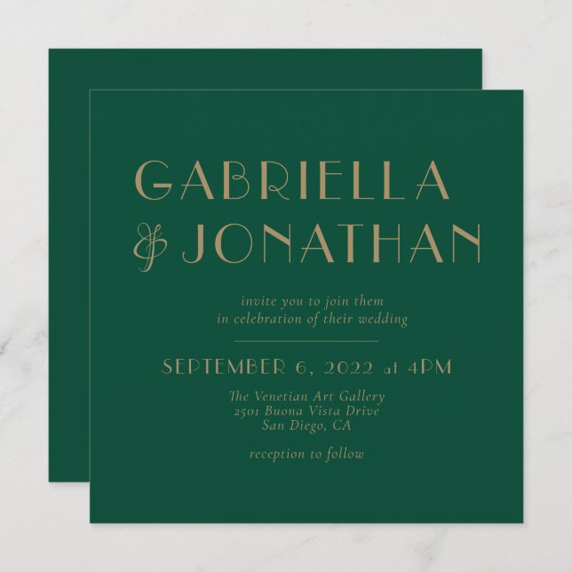 Elegant Minimalist Emerald Green Gold Wedding  Invitation (Front/Back)