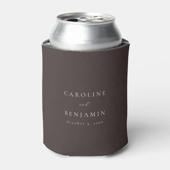 Elegant Minimalist Fall Brown Calligraphy Wedding Can Cooler (Can Front)