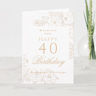 Elegant Minimalist Floral 40th White Birthday Card