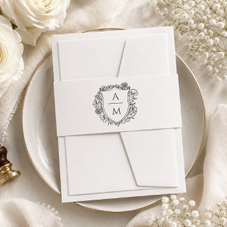 Elegant Minimalist Floral Crest Wedding Monogram Invitation Belly Band