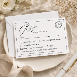 Elegant Minimalist Floral Crest Wedding RSVP Card
