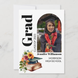 Elegant minimalist floral graduation cap photo invitation