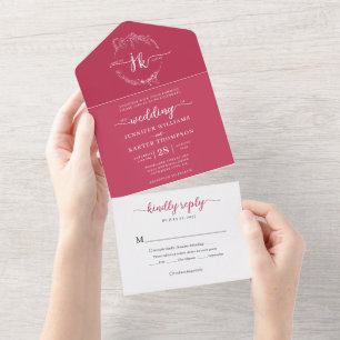 Elegant Minimalist Floral Magenta Monogram Wedding All In One Invitation