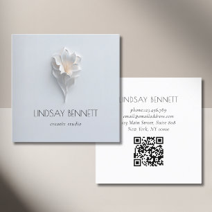 Elegant Minimalist Floral White Blue QR Code Square Business Card