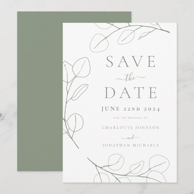 Elegant Minimalist Foliage Sage Green Wedding Save The Date (Front/Back)