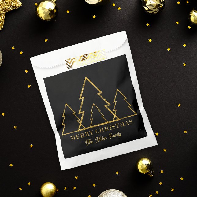Elegant Minimalist Gold Christmas Trees on Black Favour Bag (Creator Uploaded)