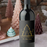 Elegant Minimalist Gold Christmas Trees on Black Wine Label<br><div class="desc">Add a touch of elegance to your holiday celebrations with this customizable Christmas wine bottle label. Set against a chic black backdrop, four golden Christmas trees stand tall, their modern zigzag design catching the eye. Below, the words "Merry Christmas" are written in a stylish modern golden font. But the highlight...</div>