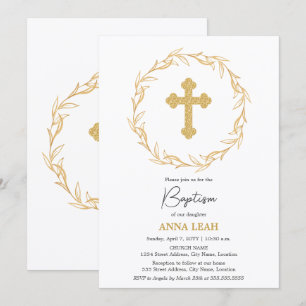 Elegant Minimalist Gold Cross Wreath Baptism Invitation