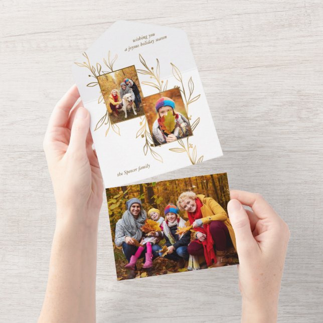 Elegant Minimalist Gold Line Drawn Leaves 2-Photo  All In One Invitation (Tearaway)