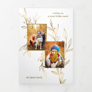 Elegant Minimalist Gold Line Drawn Leaves 2-Photo Tri-Fold Card