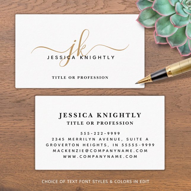 Elegant Minimalist Gold Monogram Script Initials Business Card (Creator Uploaded)