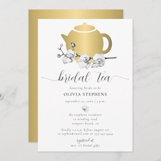 Elegant Minimalist Gold Pot Orchid Tea Bridal Tea Invitation (Front/Back)