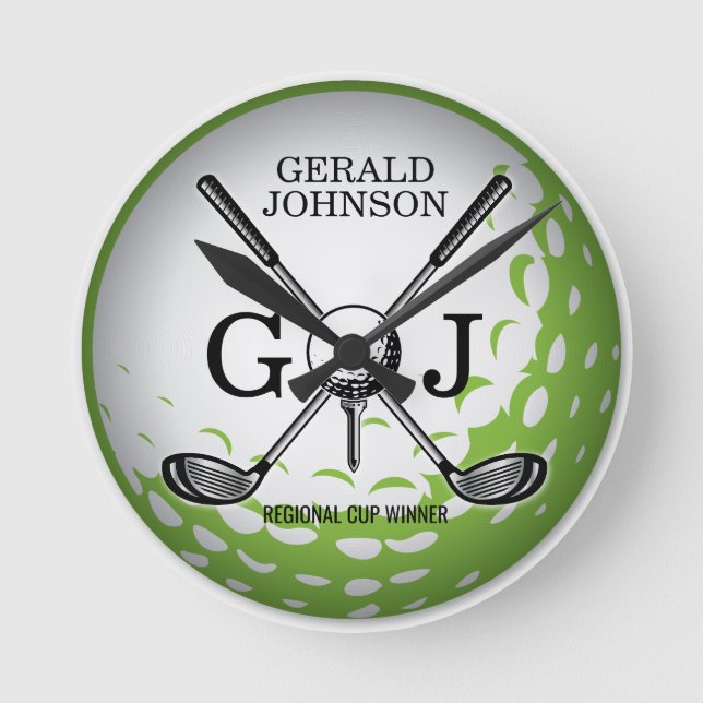 Elegant Minimalist Golf Monogram Design Round Clock (Front)