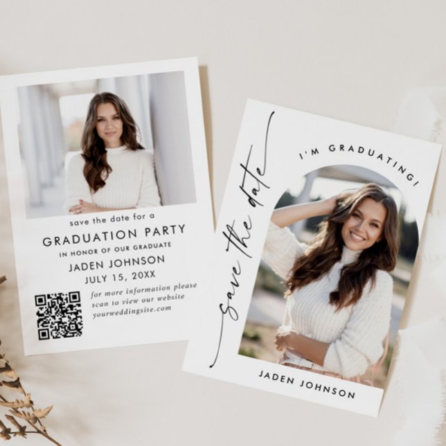 Elegant Minimalist Graduation 2 Photo QR code Save The Date (Creator Uploaded)