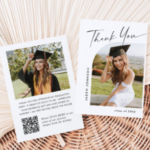 Elegant Minimalist Graduation 2 Photo QR code Thank You Card