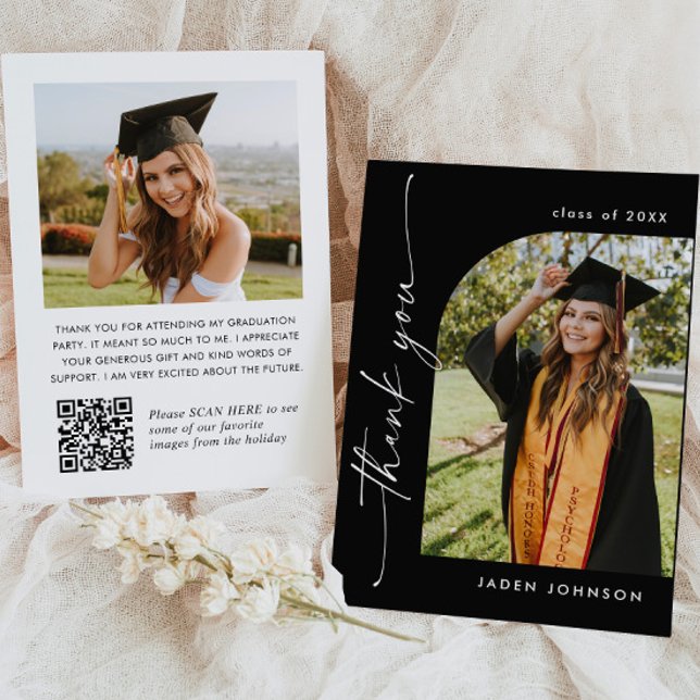 Elegant Minimalist Graduation 2 Photo QR code Thank You Card (Creator Uploaded)