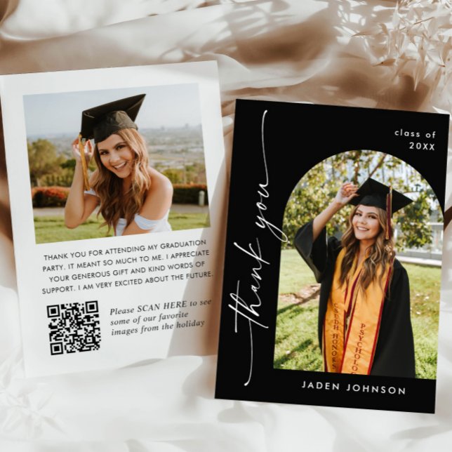Elegant Minimalist Graduation 2 Photo QR code Thank You Card (Creator Uploaded)