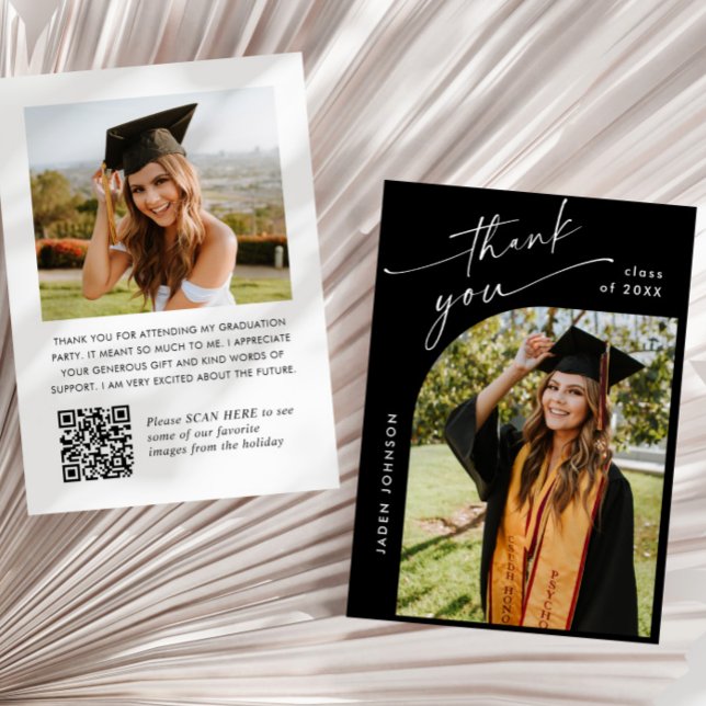 Elegant Minimalist Graduation 2 Photo QR code Thank You Card (Creator Uploaded)