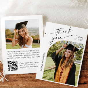 Elegant Minimalist Graduation 2 Photo QR code Thank You Card