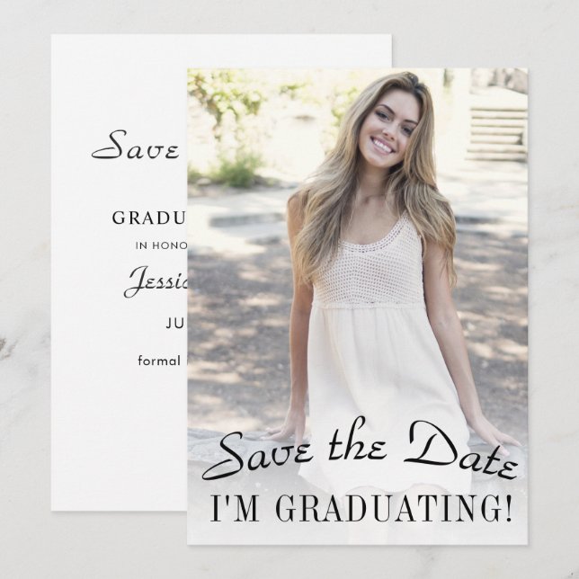 Elegant Minimalist Graduation Party Photo Save The Date (Front/Back)