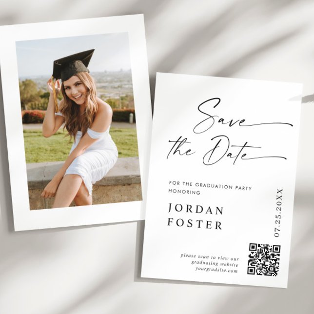Elegant Minimalist Graduation Photo QR code Save The Date (Creator Uploaded)