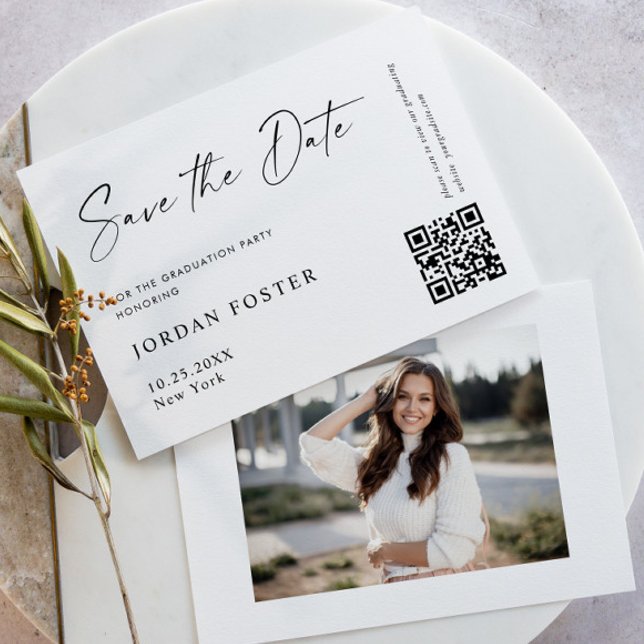Elegant Minimalist Graduation Photo QR code Save The Date (Creator Uploaded)