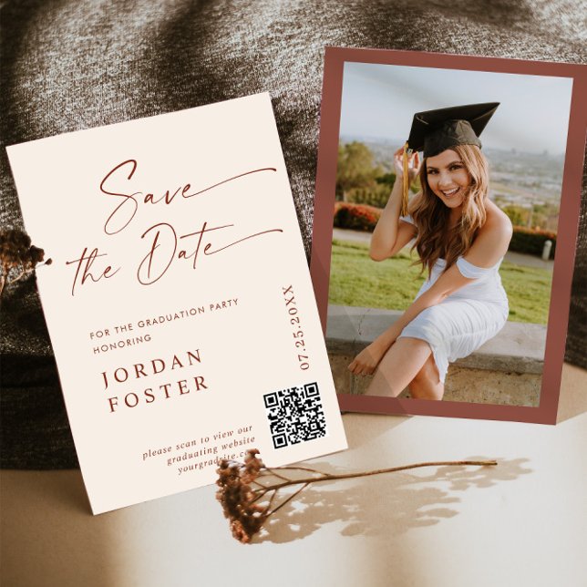 Elegant Minimalist Graduation Photo QR code Save The Date (Creator Uploaded)