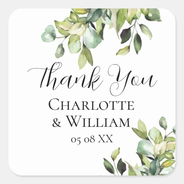 Elegant Minimalist Green Botanicals Wedding Square Sticker (Front)