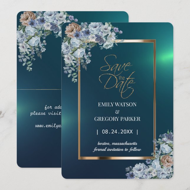 Elegant Minimalist Green Floral Gold Save the Date (Front/Back)