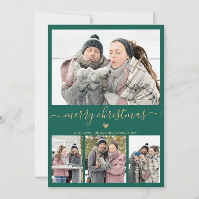 Elegant Minimalist Green Gold 4 Photo Christmas Holiday Card (Front)
