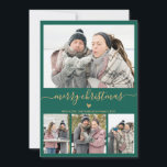 Elegant Minimalist Green Gold 4 Photo Christmas Holiday Card<br><div class="desc">Elegant, Minimalist, Modern Green and Gold 4 Photo Collage Merry Christmas Script Holiday Card. This festive, minimal four (4) photo holiday card template features a pretty photo collage, a little doodle heart and says Merry Christmas! The „Merry Christmas” greeting text is written in a beautiful gold hand lettered typography swash-tail...</div>