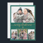 Elegant Minimalist Green Gold 4 Photo Christmas Holiday Card<br><div class="desc">Elegant, Minimalist, Modern Green and Gold 4 Photo Collage Merry Christmas Script Holiday Card. This festive, minimal four (4) photo holiday card template features a pretty photo collage, a little doodle heart and says Merry Christmas! The „Merry Christmas” greeting text is written in a beautiful gold hand lettered typography swash-tail...</div>