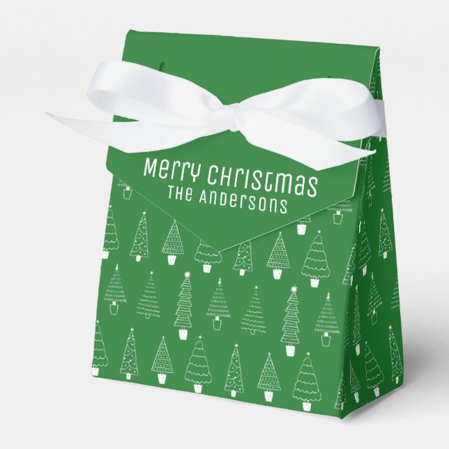 Elegant Minimalist Green & White Christmas Trees Favor Box (Front Side)