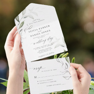 Elegant minimalist greenery leaves RSVP wedding All In One Invitation