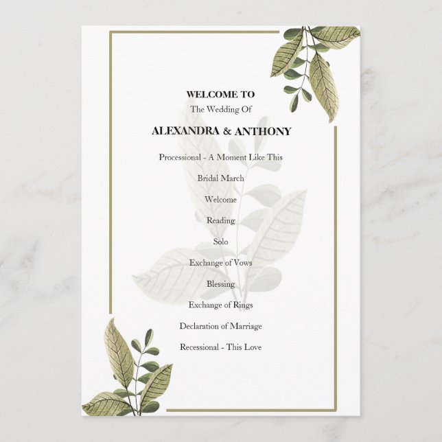 Elegant Minimalist Greenery Wedding Program (Front)