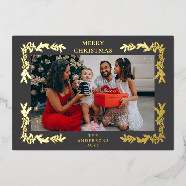Elegant Minimalist Greneery Christmas Family Photo Foil Holiday Card (Front)