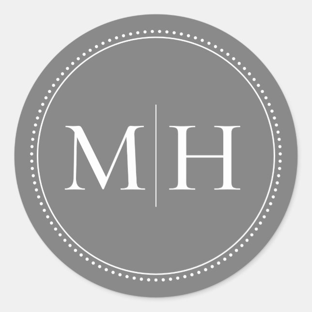 Elegant Minimalist Grey Monogram Dotted Border Classic Round Sticker (Front)